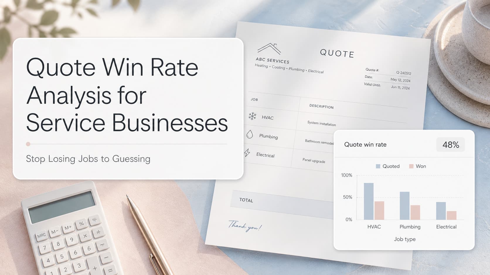 Service business quote win rate dashboard showing win rate by source, job type, and price tier
