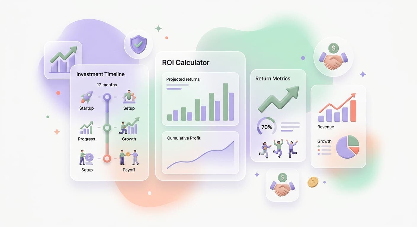 Ascending growth bars with ROI multiplier indicators showing business returns