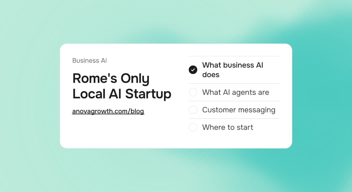 Editorial cover for Rome, GA's only local AI startup showing business AI, AI agents, and customer messaging workflows.