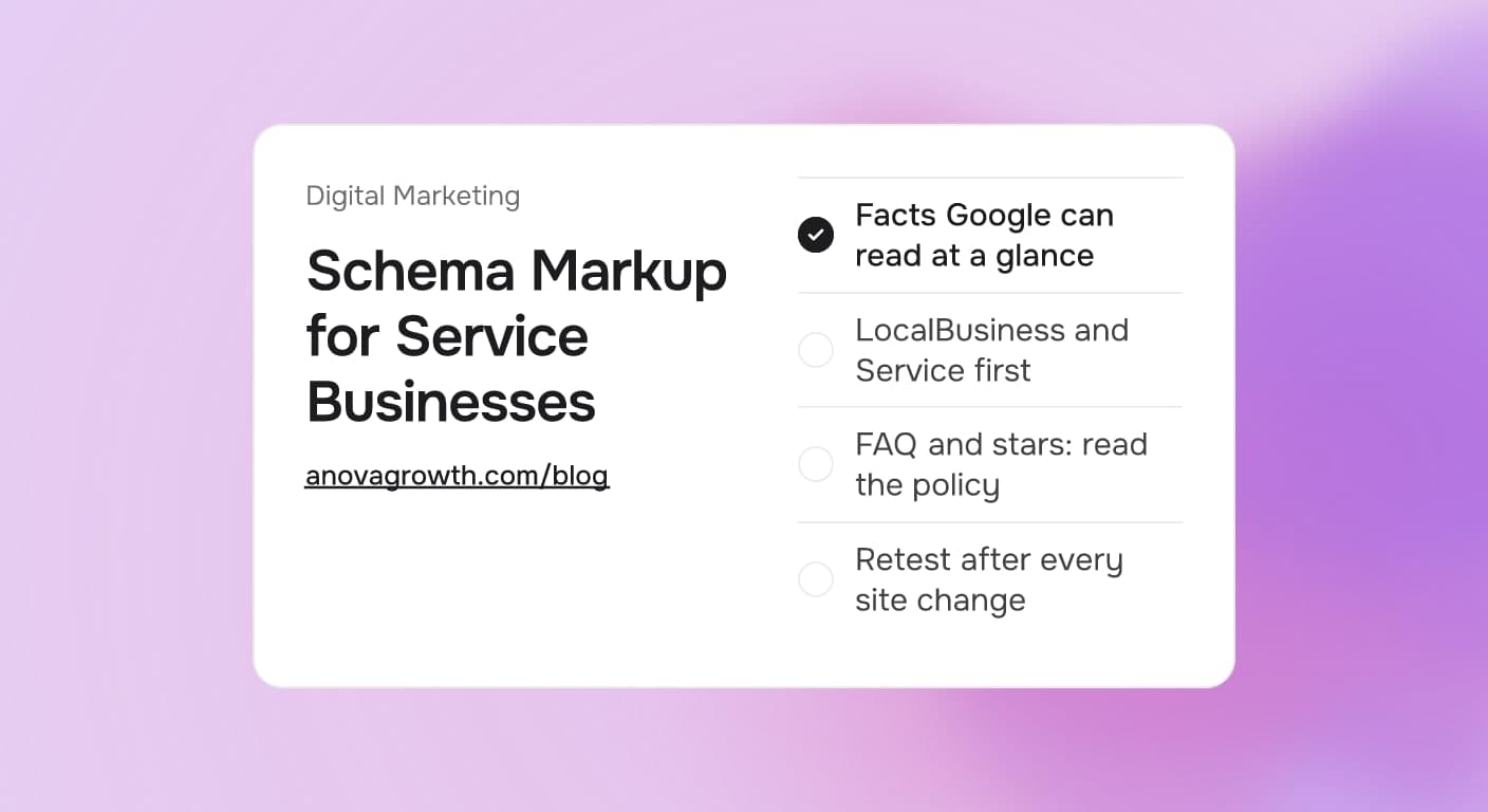 Cover card titled Schema Markup for Service Businesses listing four steps for structured data on a service business website