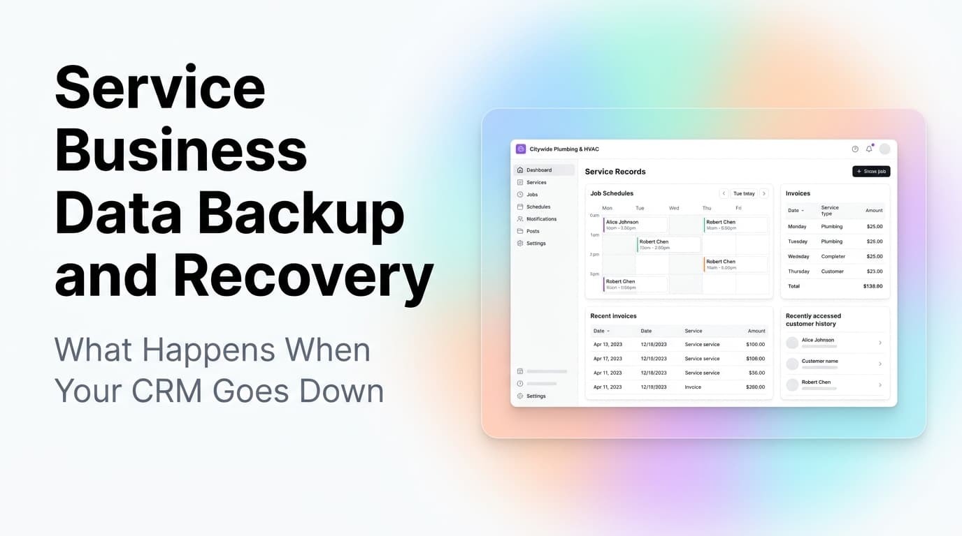 Data backup and recovery dashboard showing automated backups for a service business CRM system