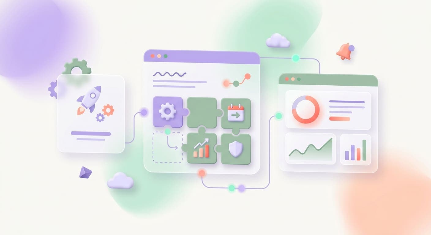 Small business automation pathway with connected process nodes flowing from manual to automated