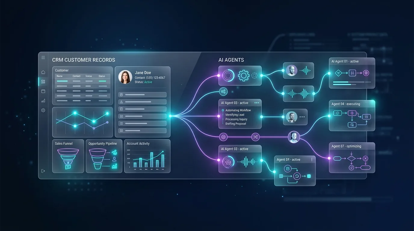 AI agents connected to business software platforms, autonomously executing workflows across CRM, billing, and operations