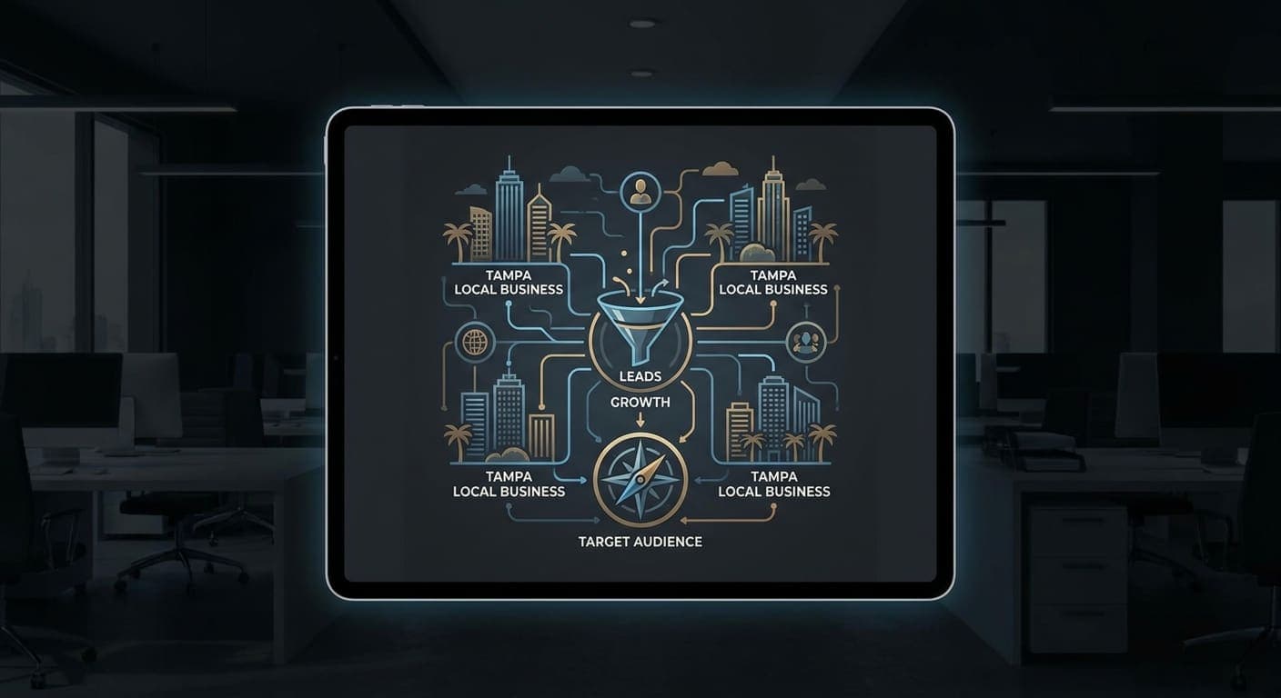 Tampa Bay waterfront with modern business district illustration representing local lead generation