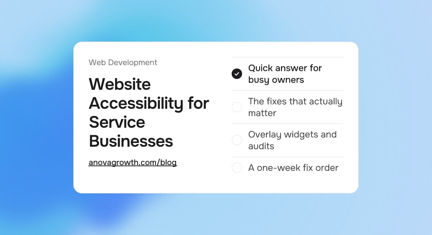 Cover card titled Website Accessibility for Service Businesses listing the quick answer for busy owners, the fixes that matter, overlay widgets and audits, and a one-week fix order