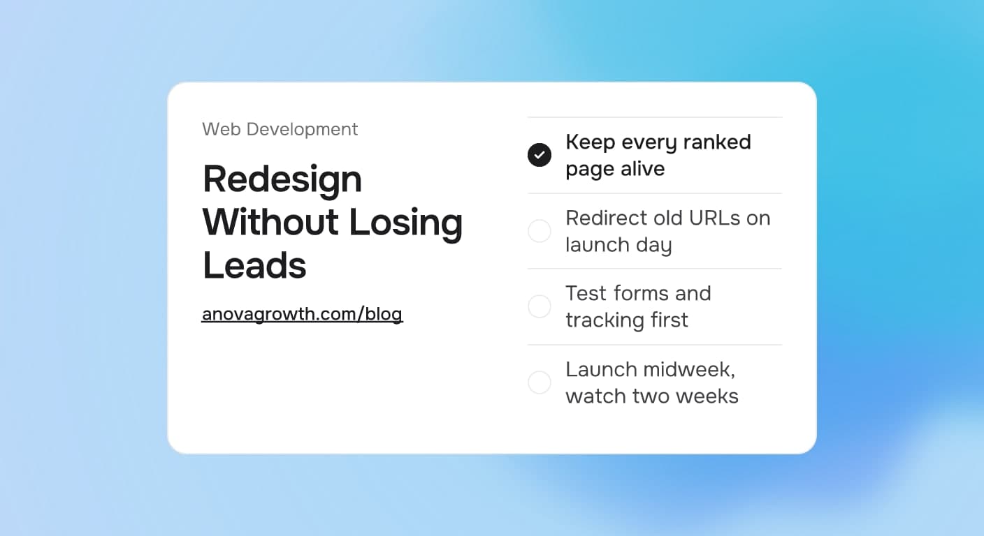 Cover card titled Redesign Without Losing Leads with a checklist of the four rules for rebuilding a service business website