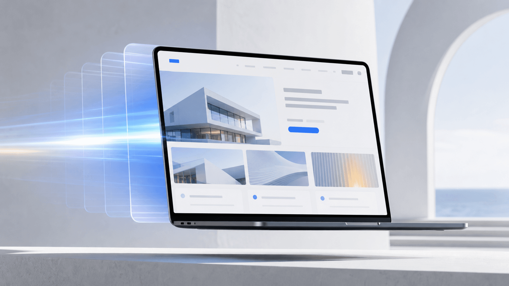 A service-business website loading crisply on a laptop with a restrained trail of motion light.