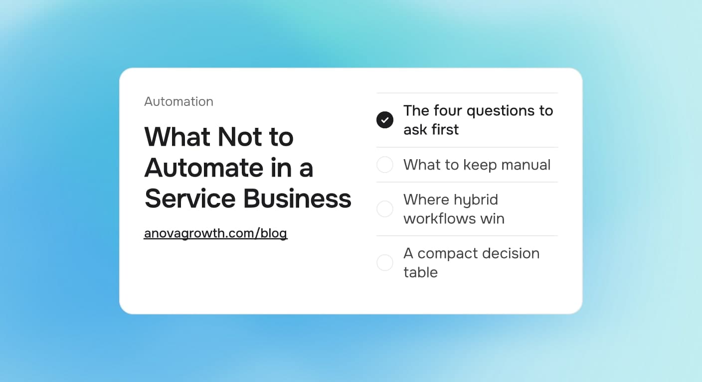 Cover card titled What Not to Automate in a Service Business listing the four questions to ask first, what to keep manual, where hybrid workflows win, and a compact decision table