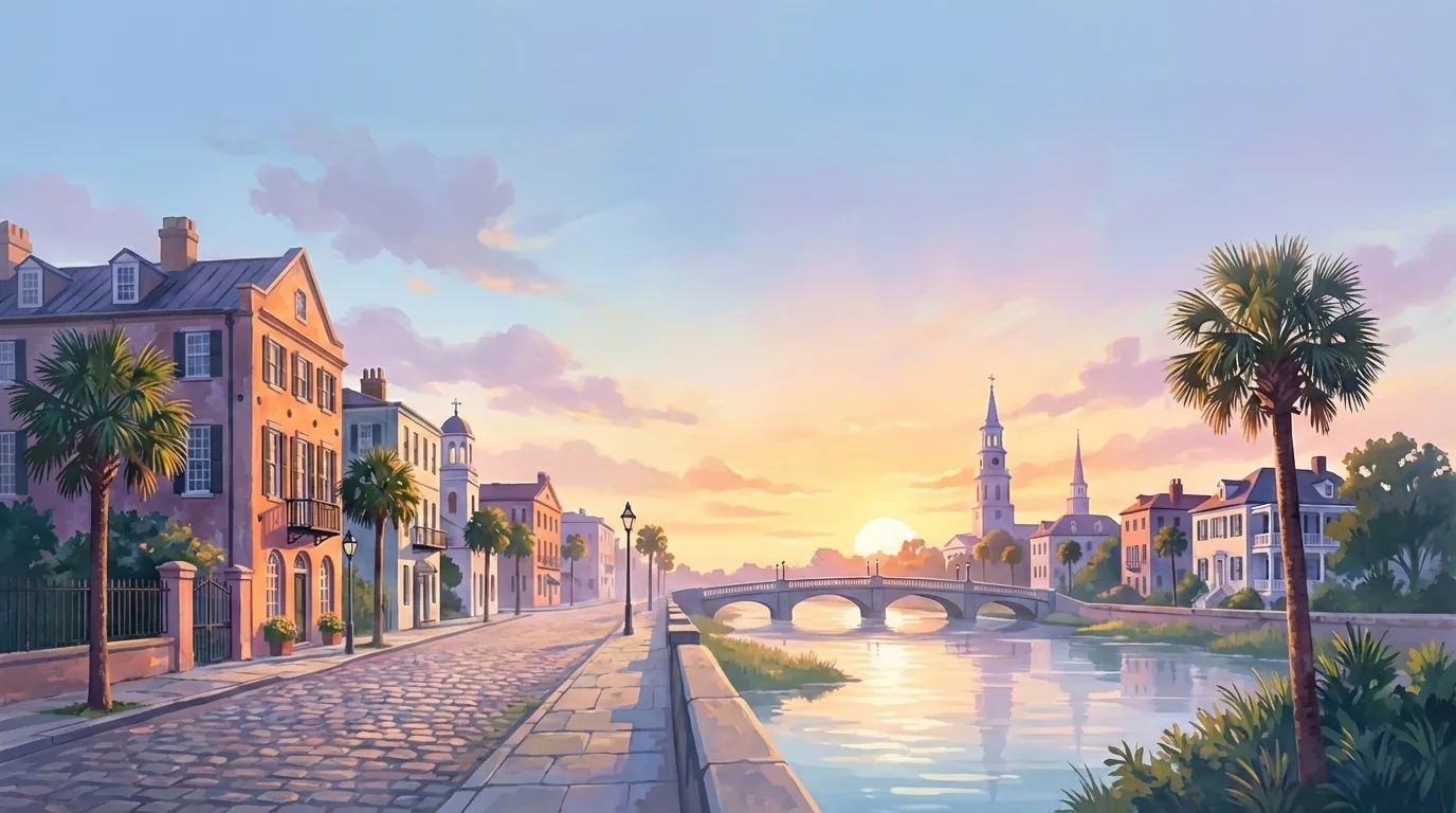 Illustration of a Charleston, South Carolina street along the water at sunset, with pastel houses and a church steeple