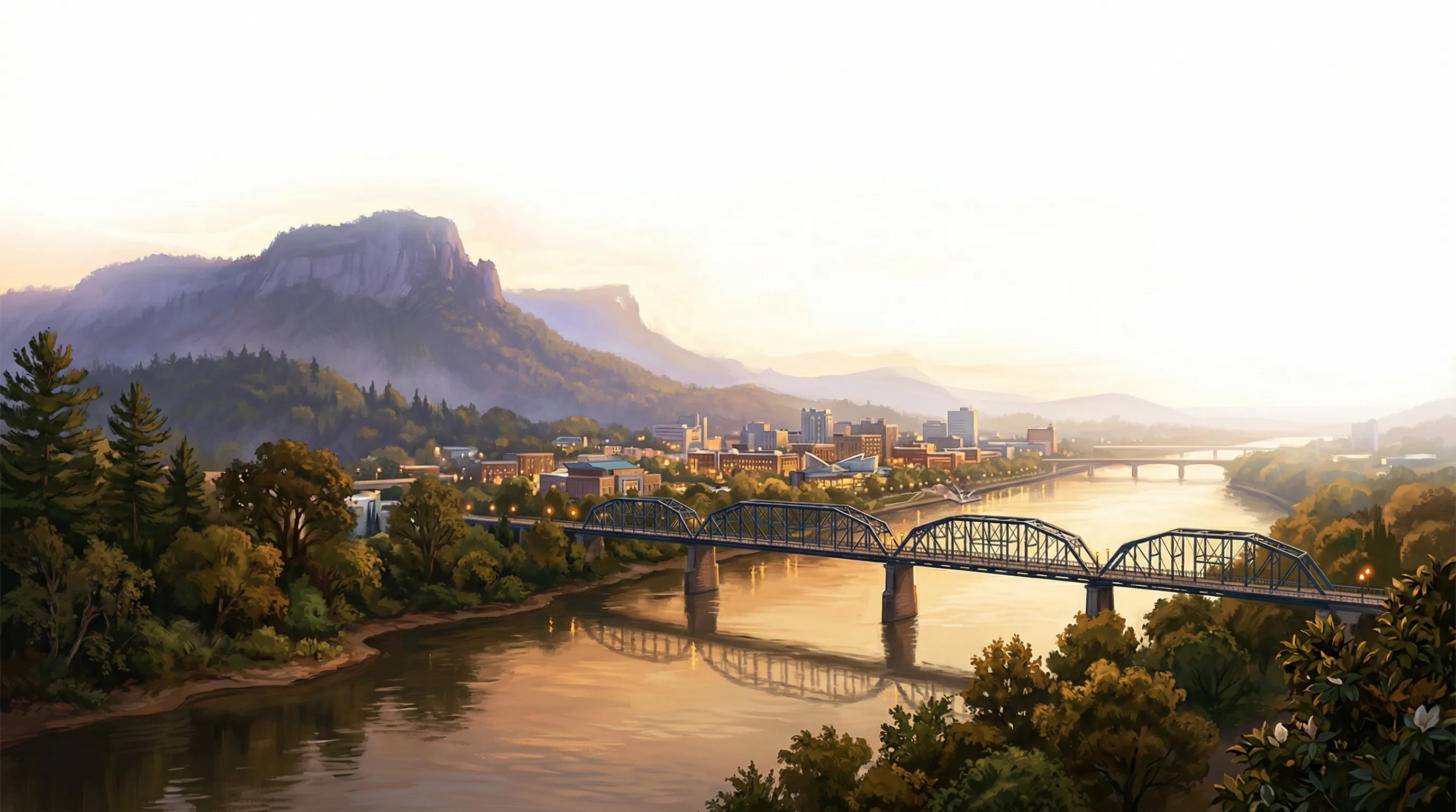 Illustration of a bridge over the Tennessee River in Chattanooga, with mountains behind it