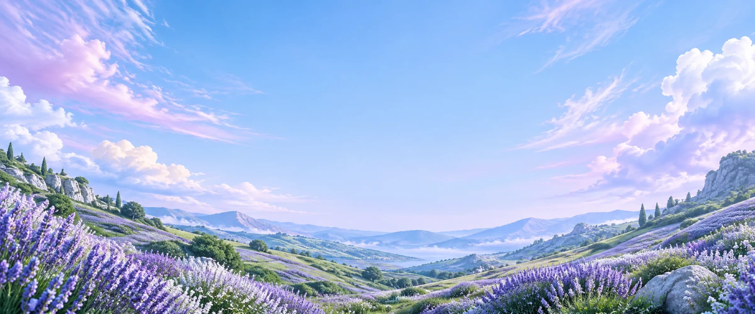Stylized rolling green hills with lavender fields under a pastel lavender, pink and blue sky.