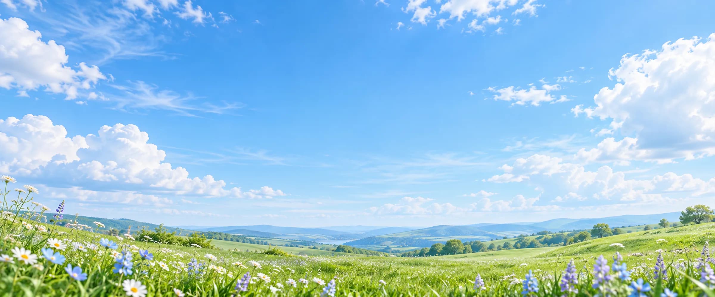 A wide, bright spring sky over a gentle meadow with scattered wildflowers.