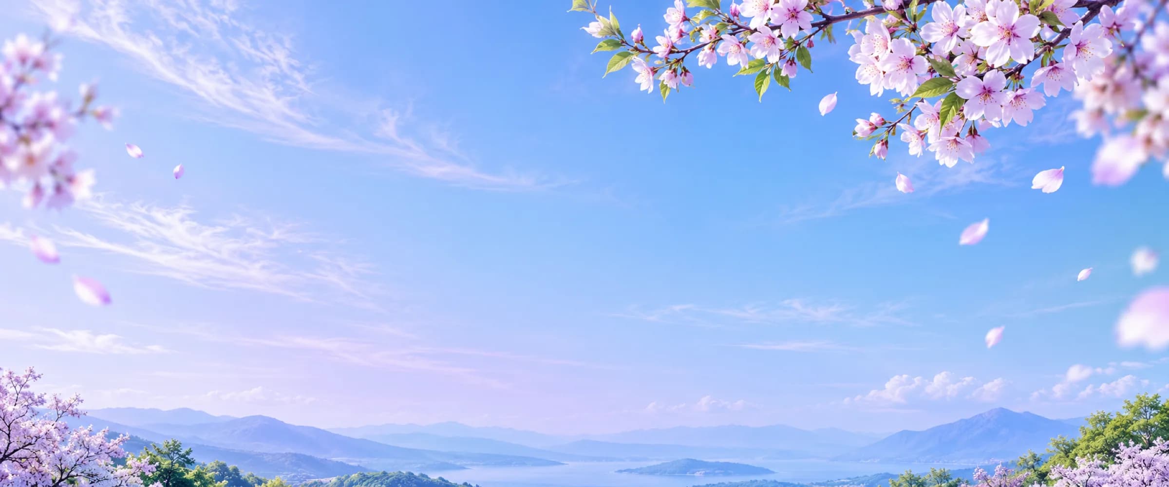 A pale morning sky in sky blue and lilac with thin high clouds and a cherry blossom branch entering from the top corner.