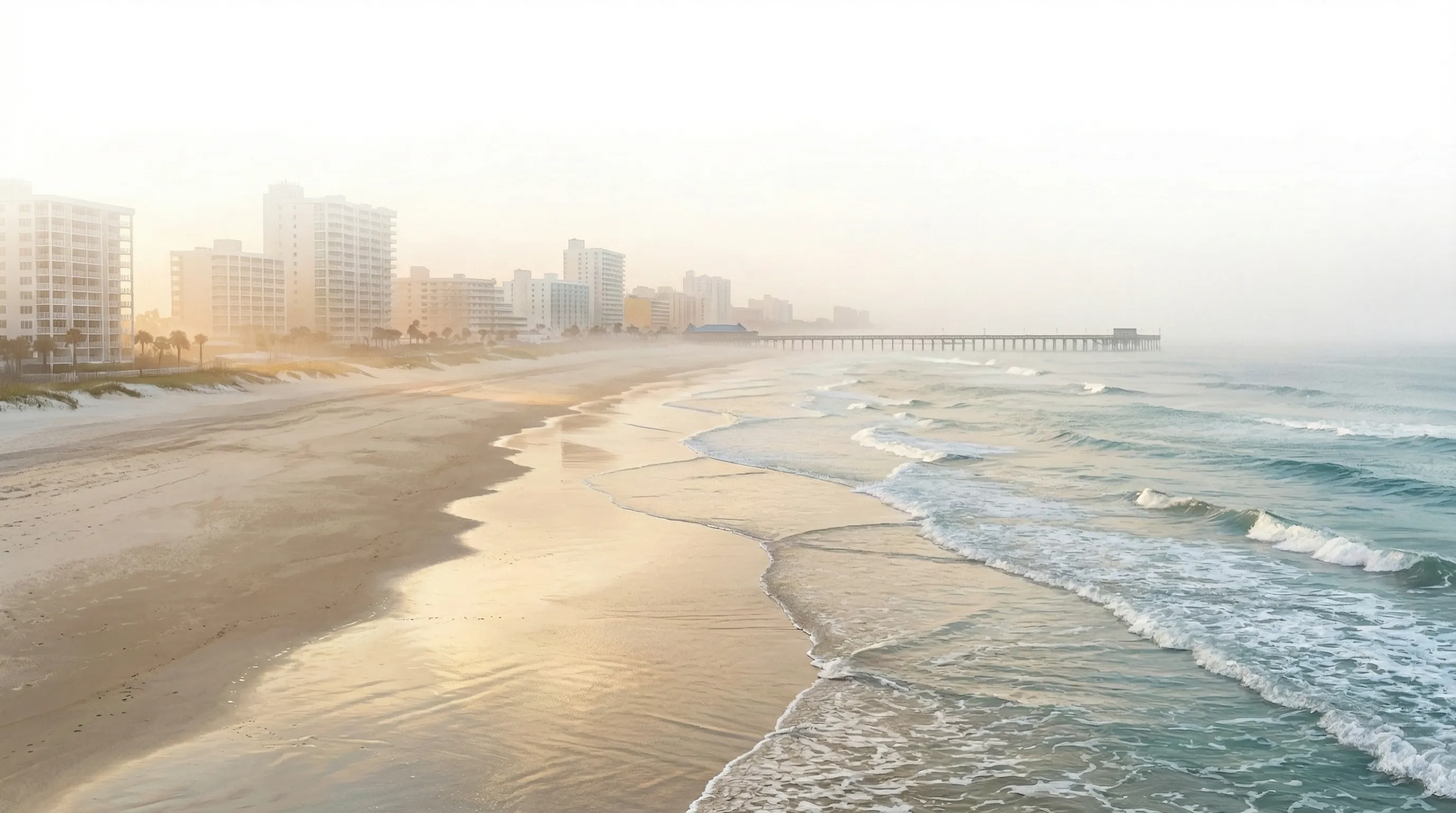 Daytona Beach shoreline in soft haze, with the pier and the city skyline in the distance