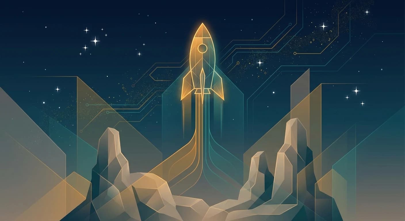 Illustration of a rocket launching between angular rock formations under a starry sky