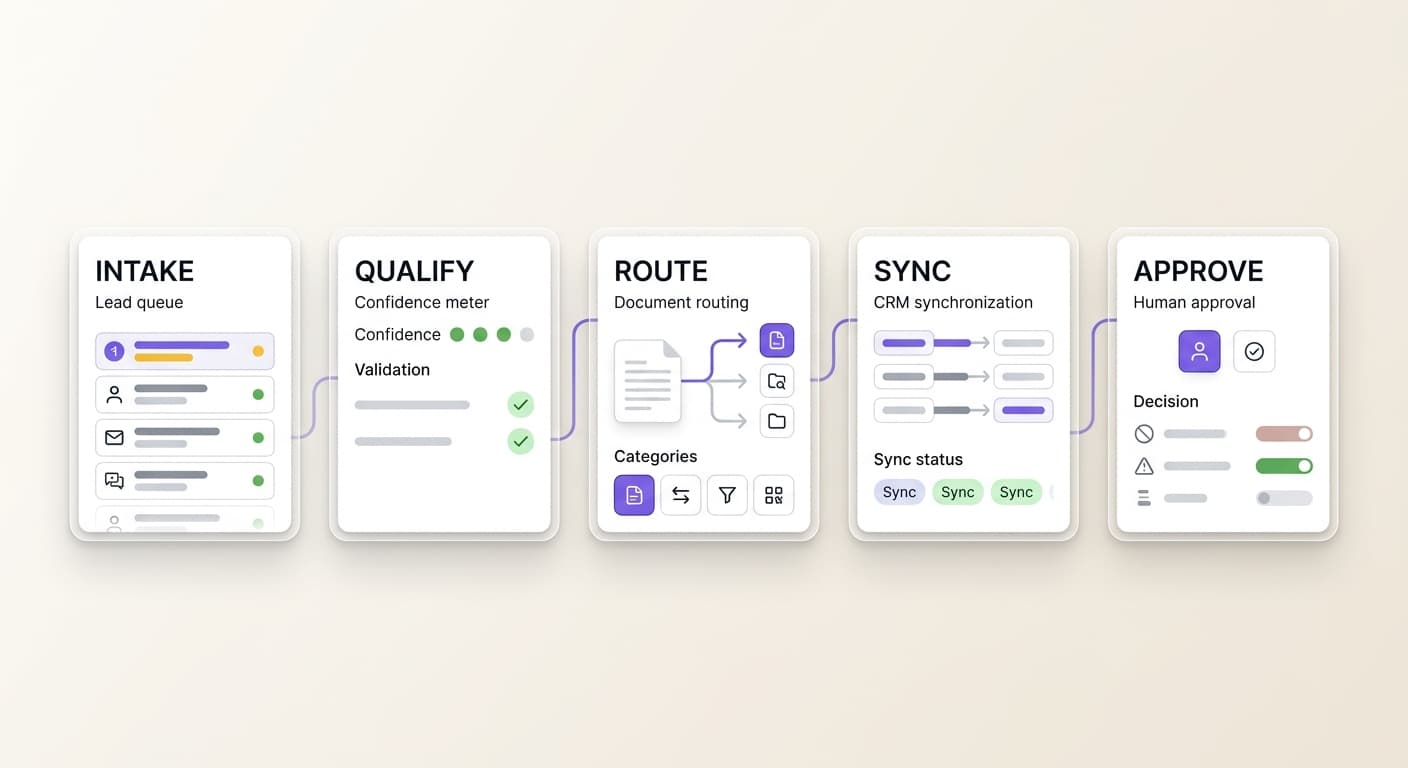 Light-mode AI automation workflow moving from intake to qualification, routing, CRM sync, and human approval