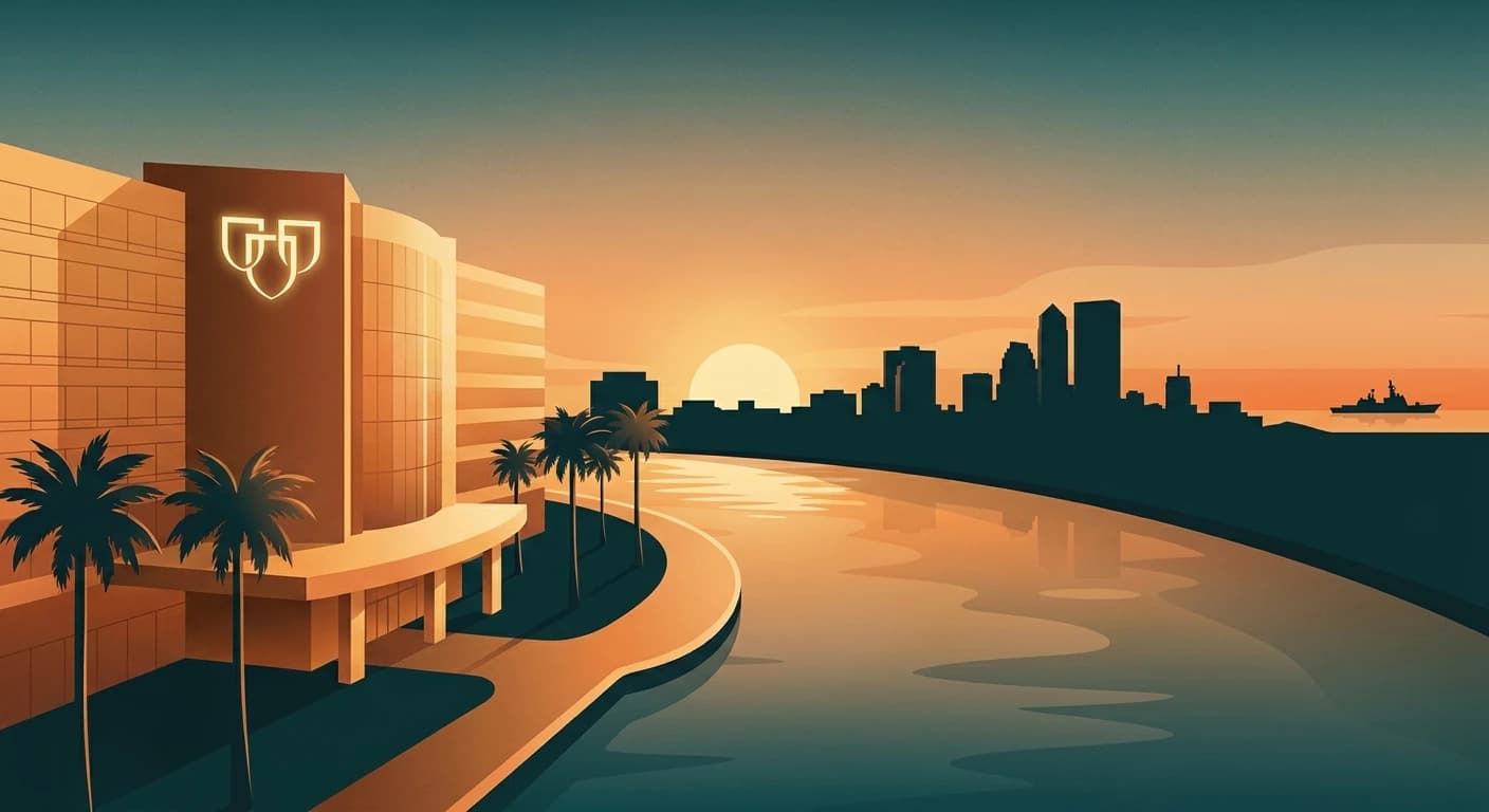 Illustration of the Jacksonville, Florida riverfront at sunset, with palm trees and the downtown skyline
