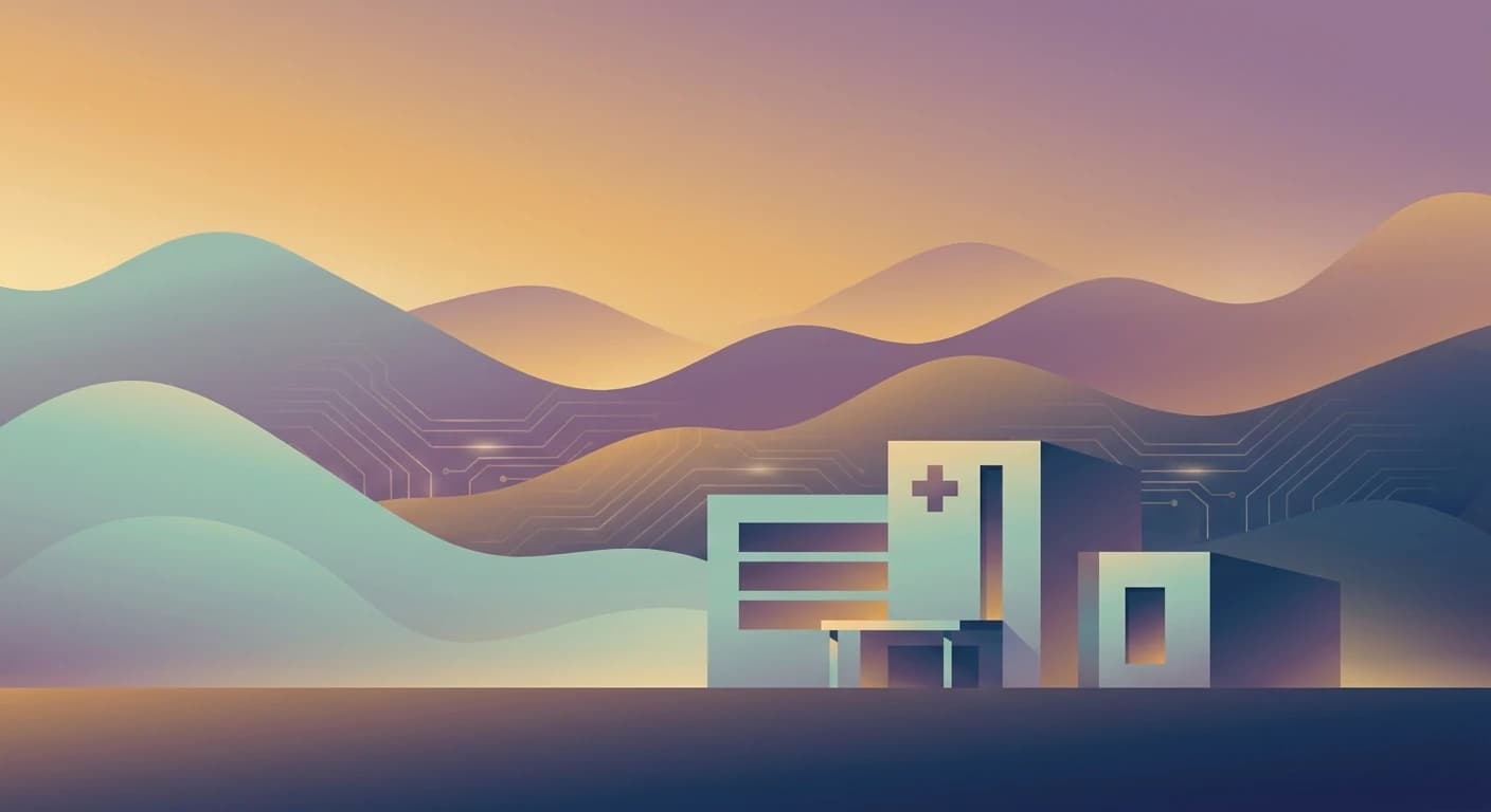 Illustration of layered East Tennessee hills behind a hospital building
