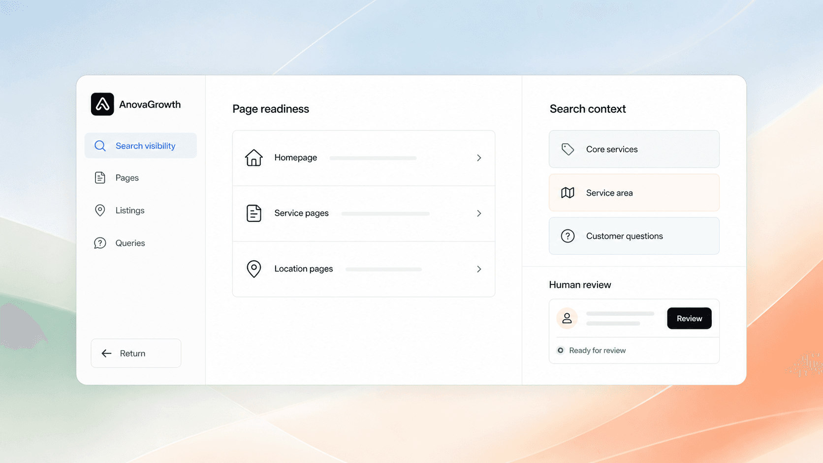 AnovaGrowth search visibility workspace with page readiness, search context, and human review