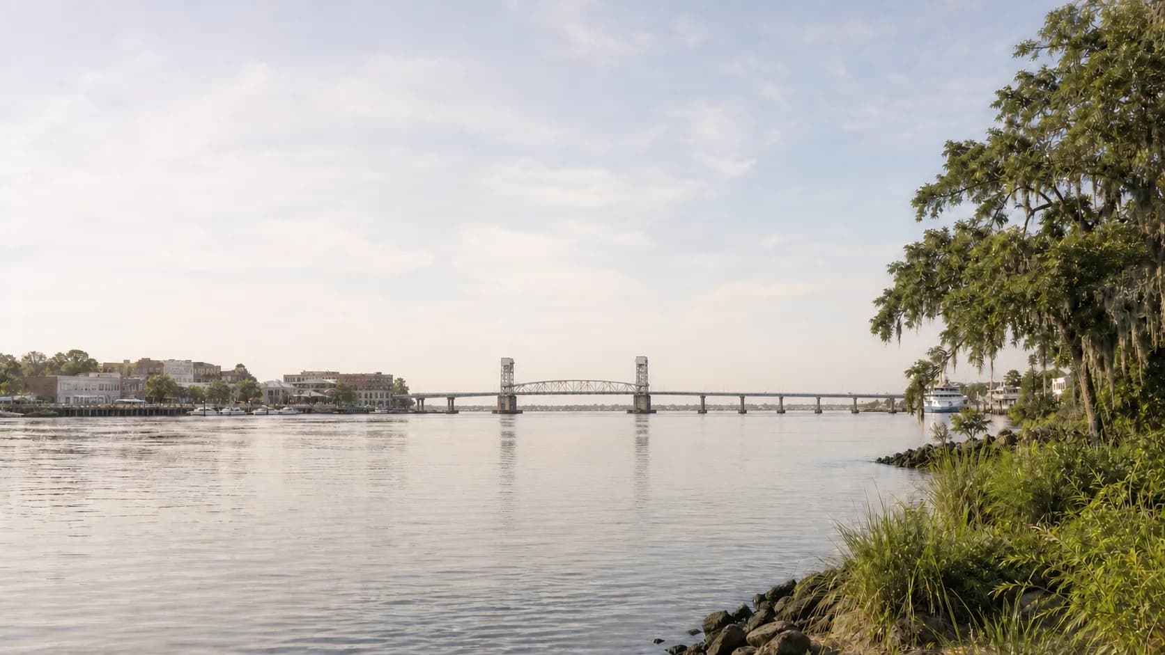 The Cape Fear River in Wilmington, North Carolina, with a bridge and the shoreline