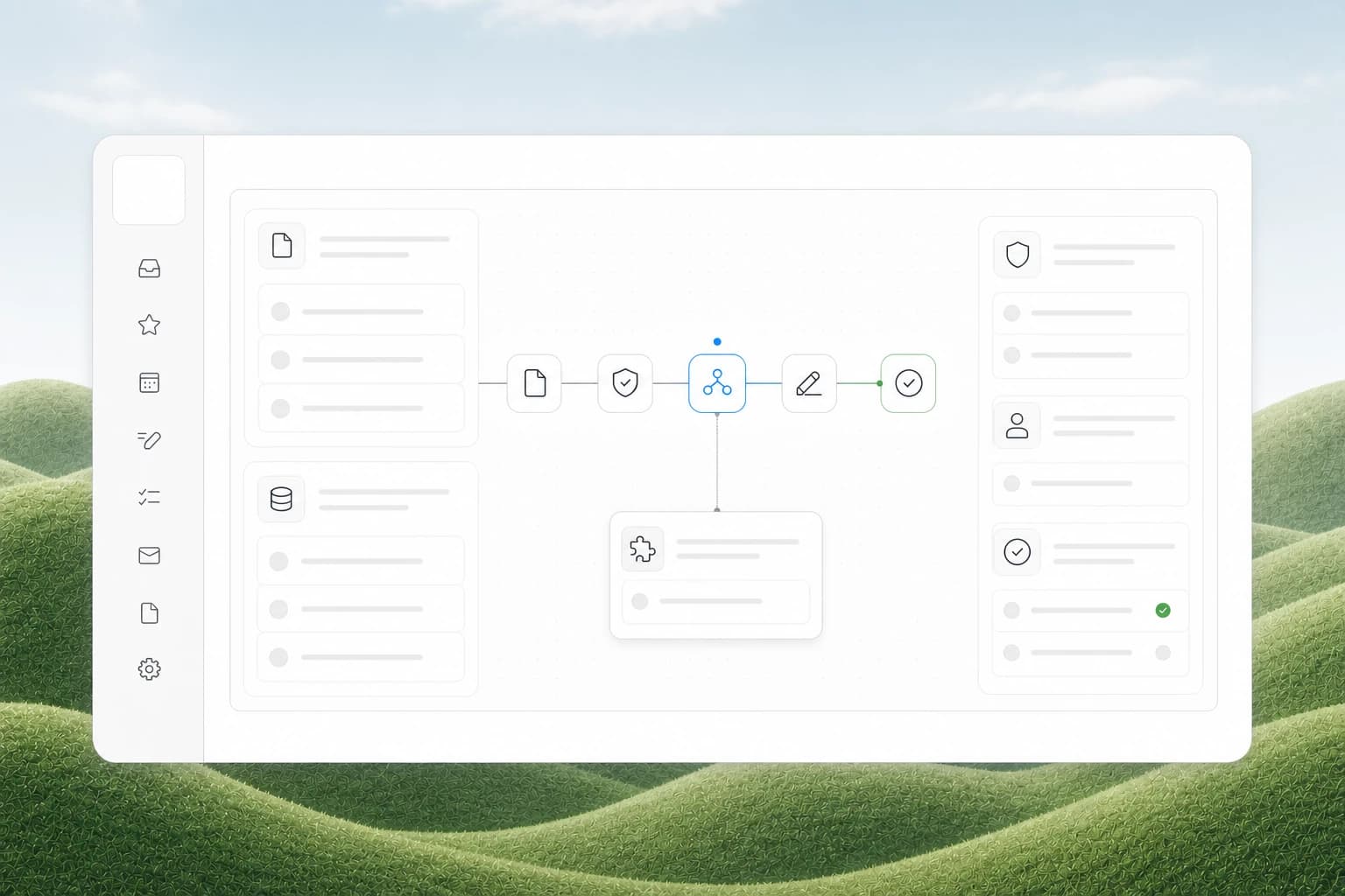 Textless audit workspace mapping source evidence through a decision point to a reviewable first release