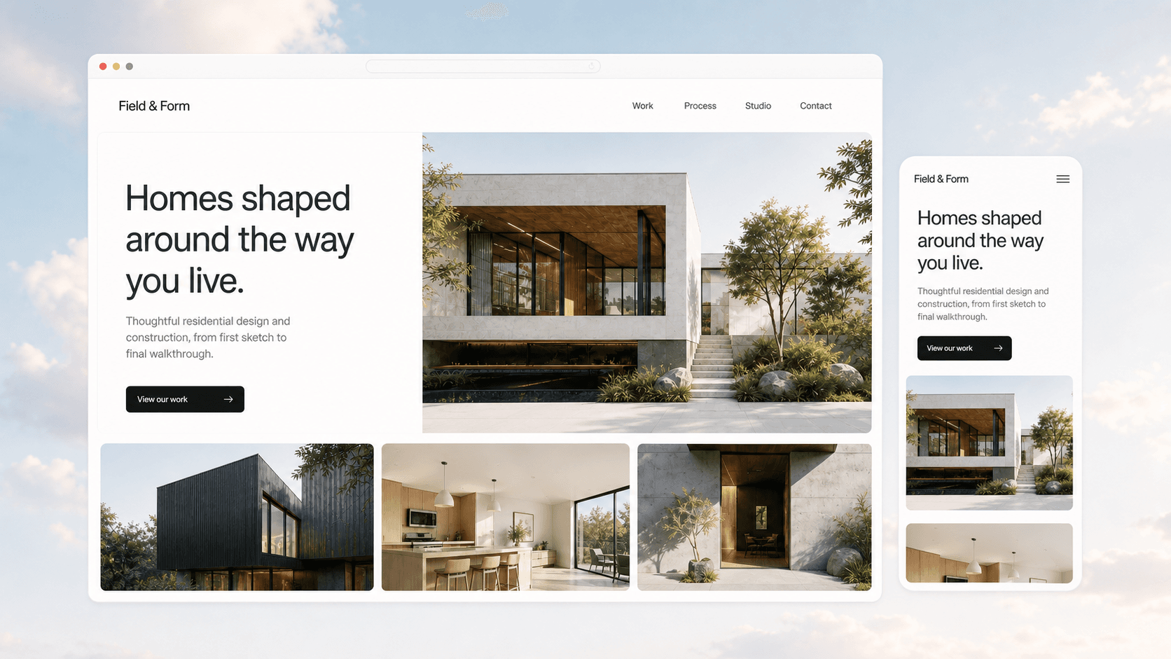 Responsive Field and Form residential design website shown across desktop and mobile layouts