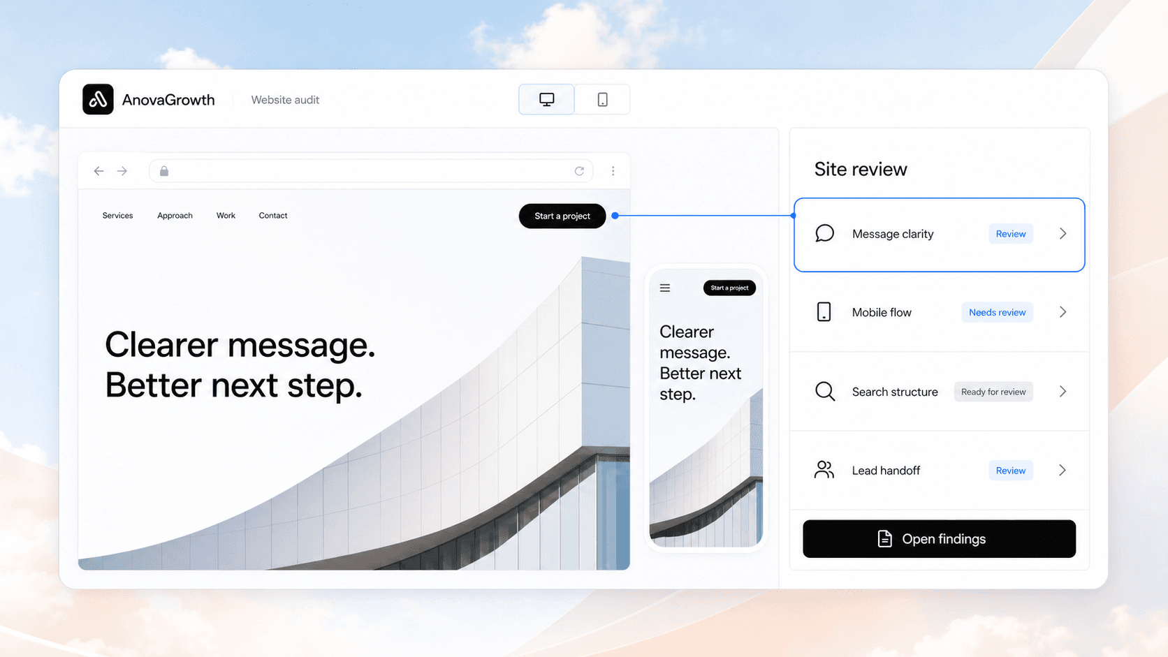 AnovaGrowth website audit workspace connecting a responsive page preview to focused human review findings