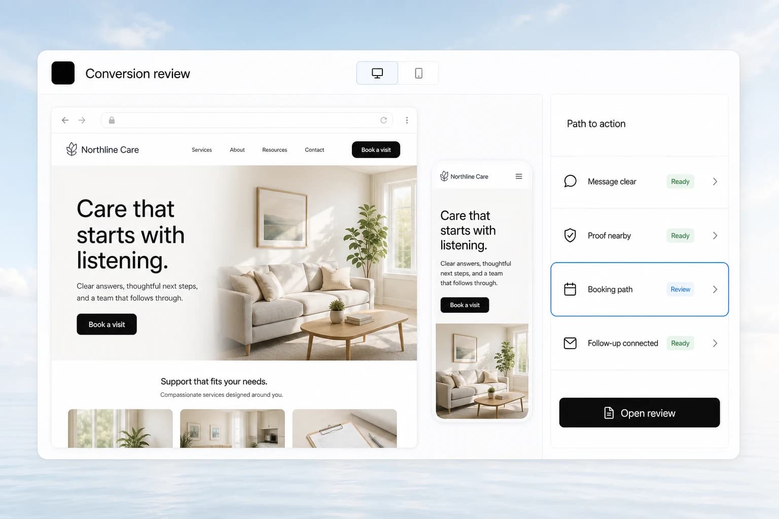 Conversion review workspace comparing a responsive care website with its message, proof, booking, and follow-up path