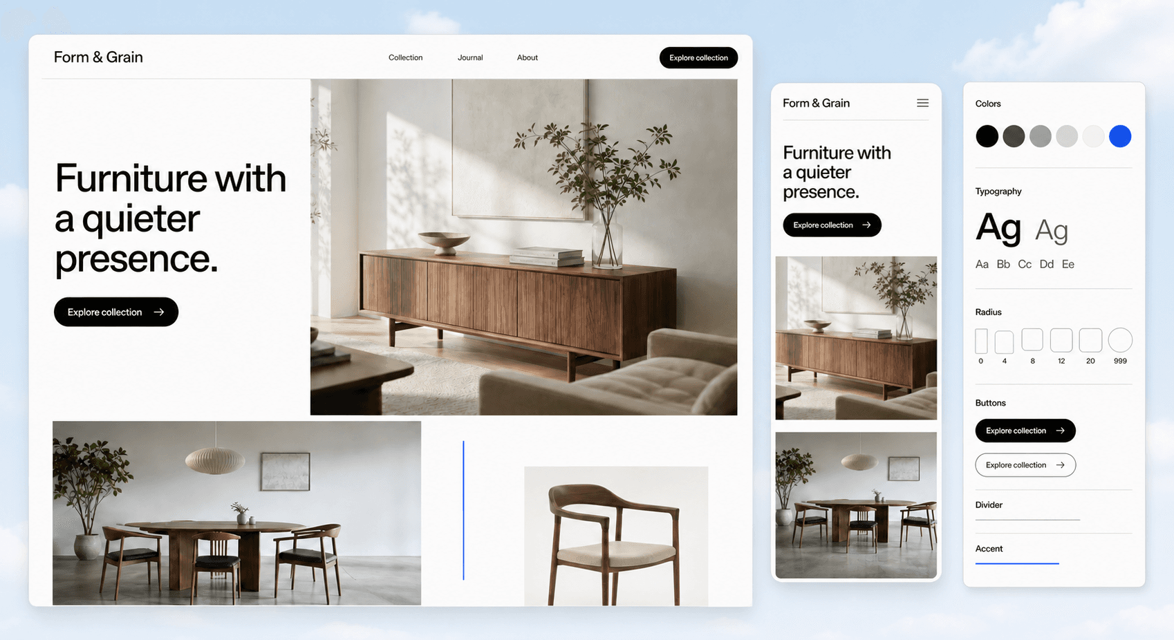 Responsive furniture website and its typography, color, radius, and button design tokens