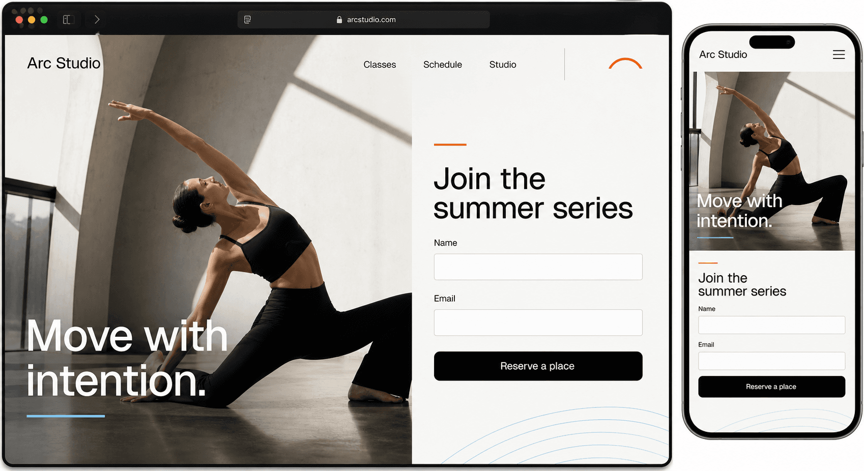Responsive movement studio landing page with an integrated summer-series signup form