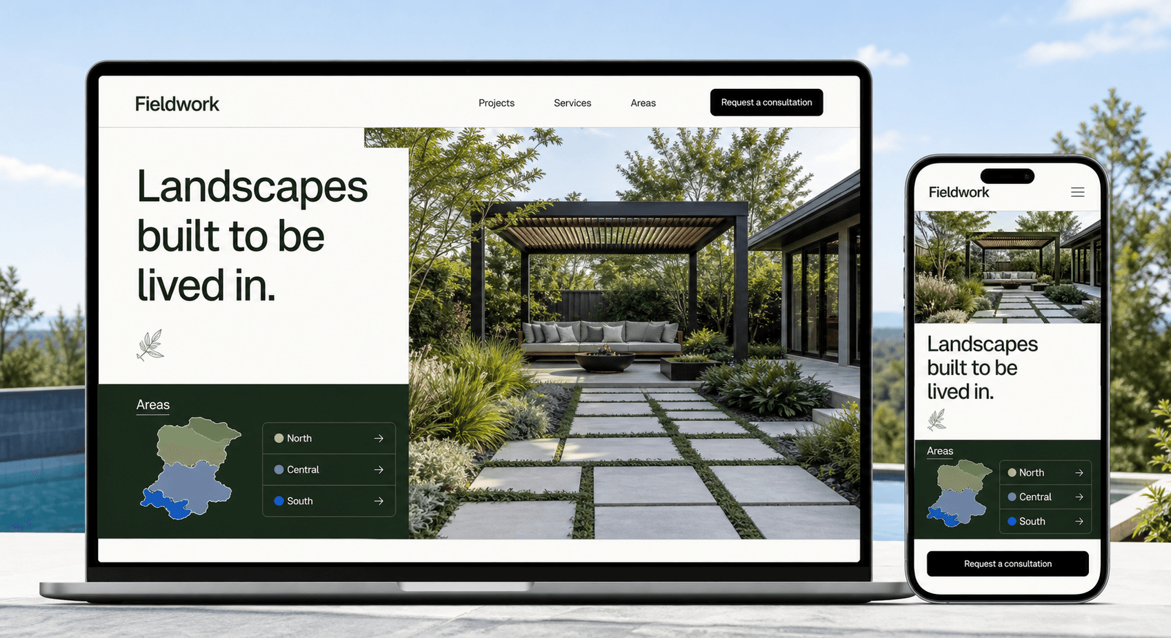 Responsive landscape studio website with a project hero, service areas, and consultation request