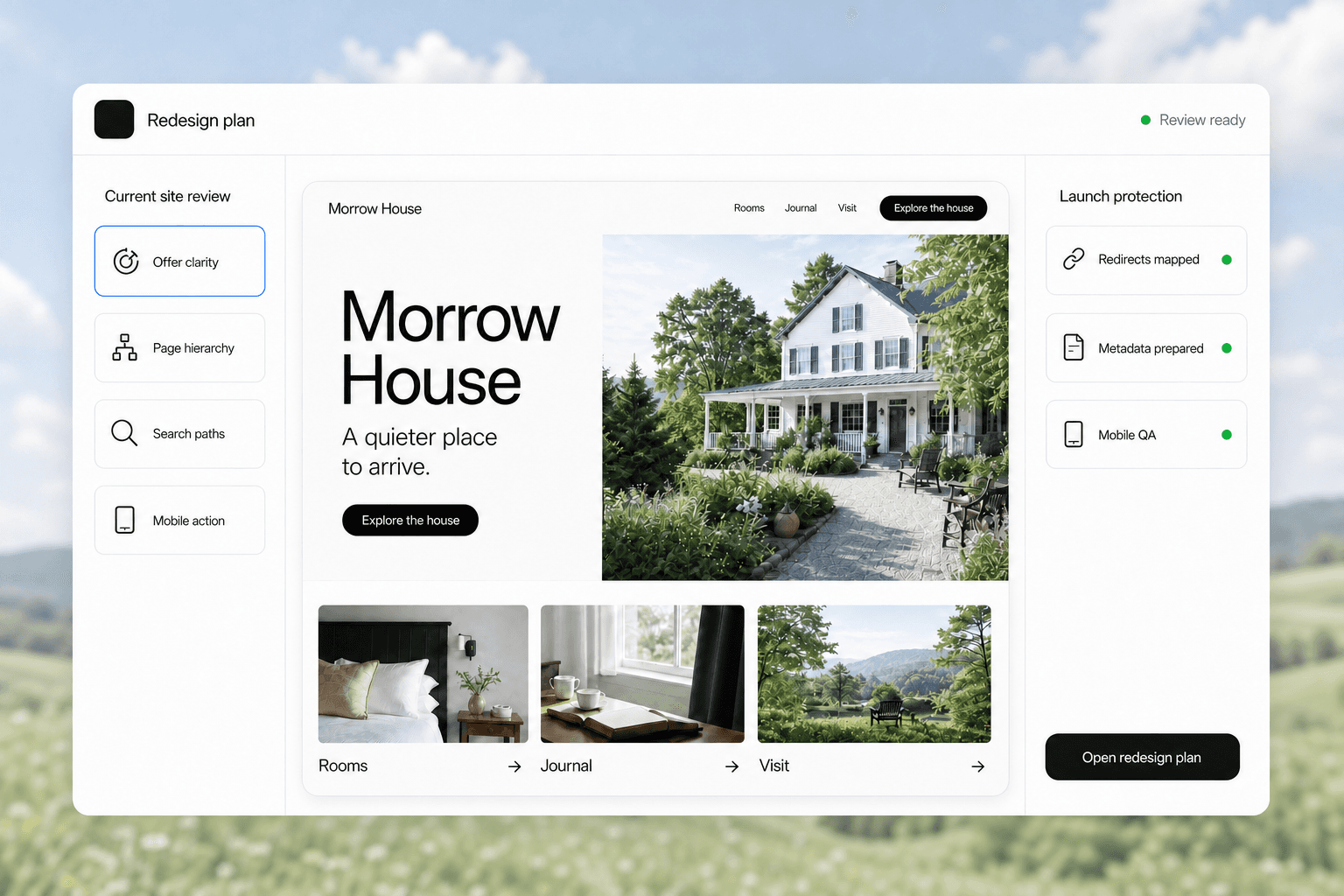 AnovaGrowth website redesign planning workspace showing a current-site review, redesigned page preview, and launch-protection checks