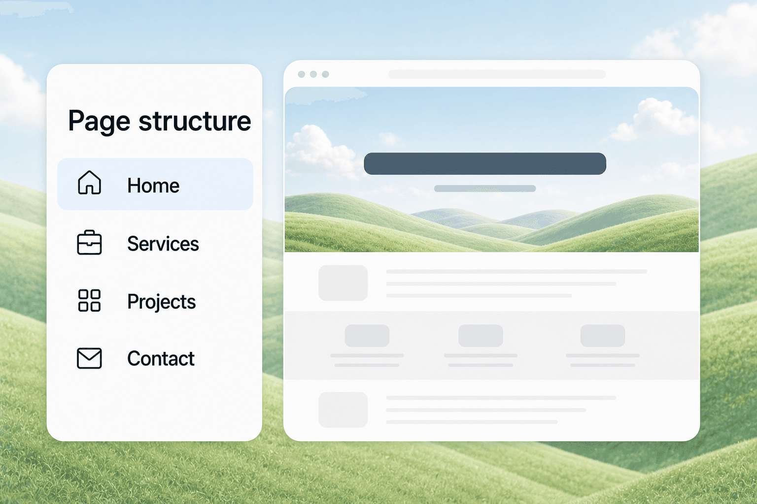 Website structure workspace showing Home, Services, Projects, and Contact beside a responsive page preview