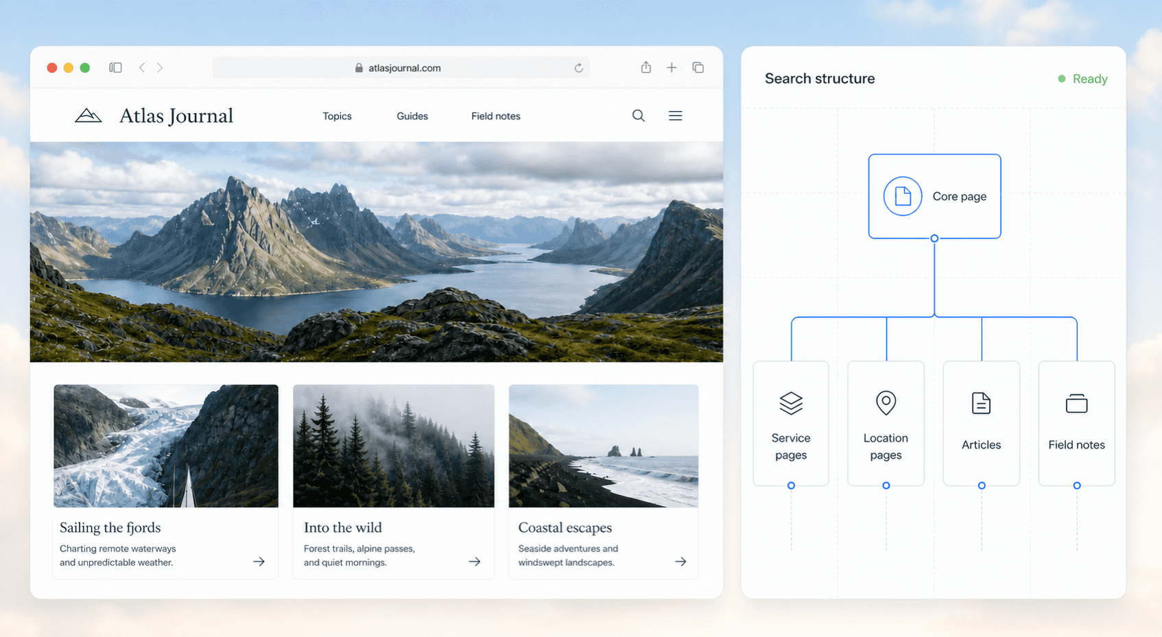 Editorial website preview paired with a connected search architecture map