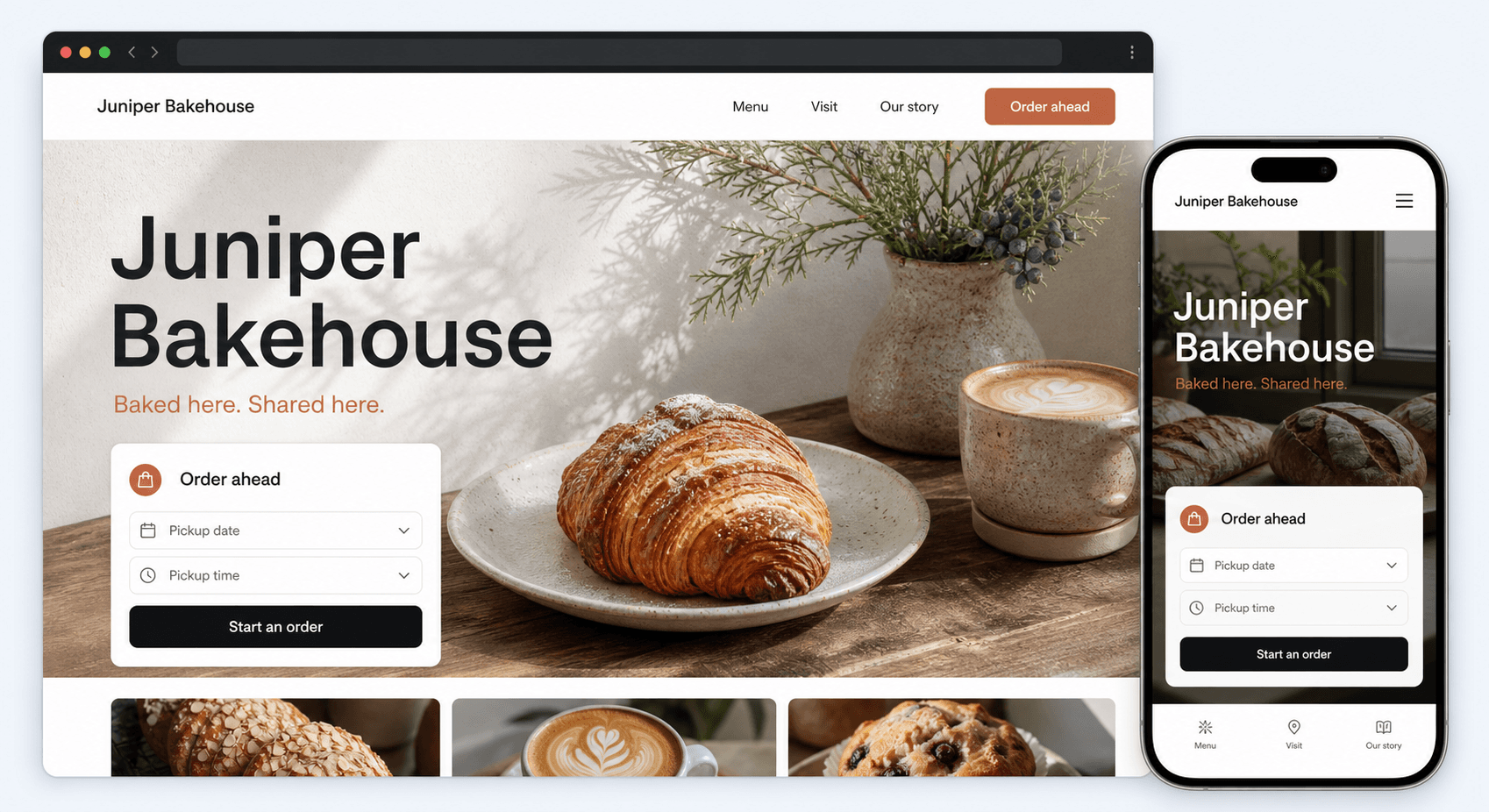 Responsive bakery website with clear navigation and an order-ahead flow