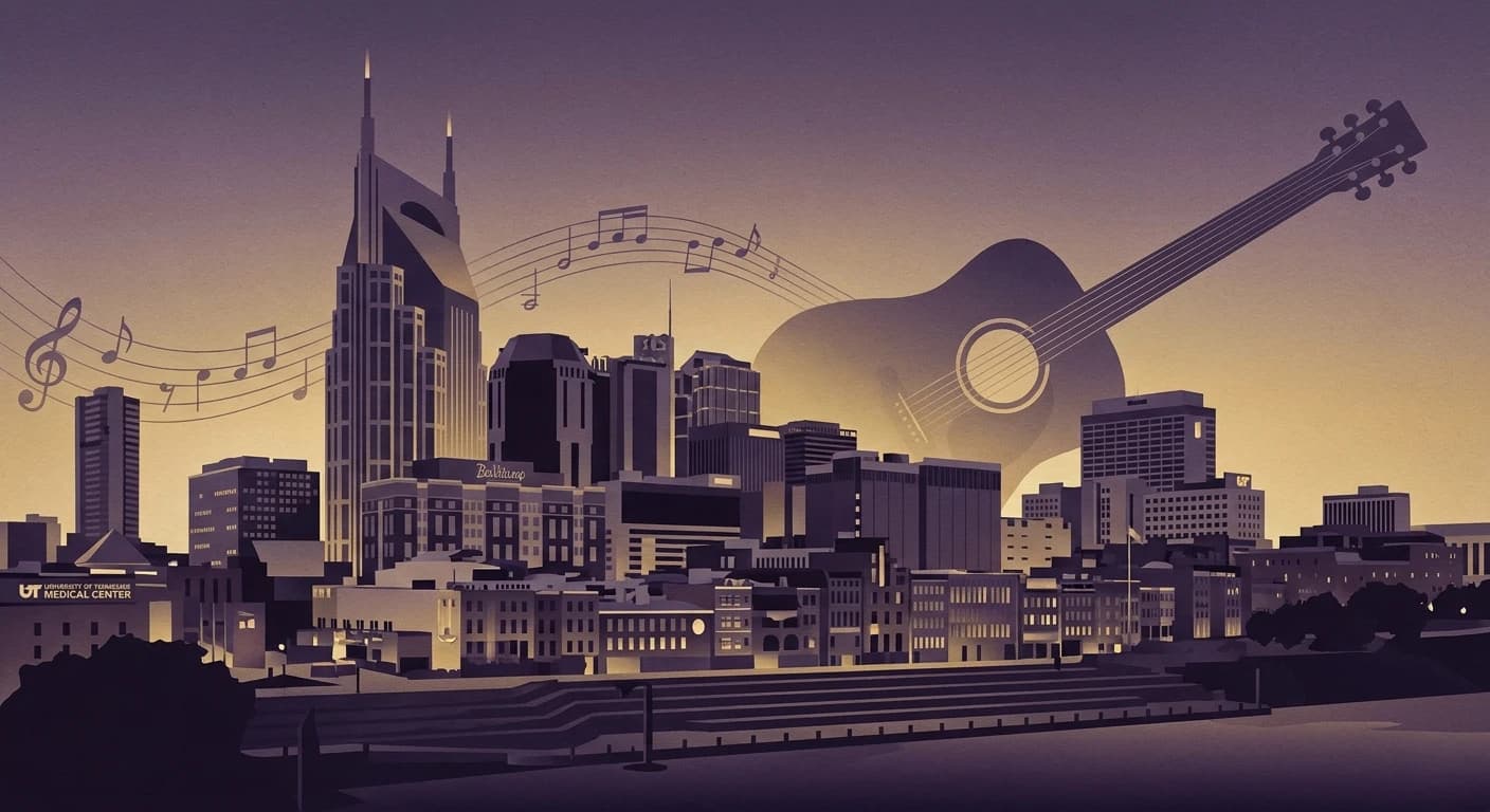 Illustration of the Nashville skyline with a large guitar and music notes rising above it