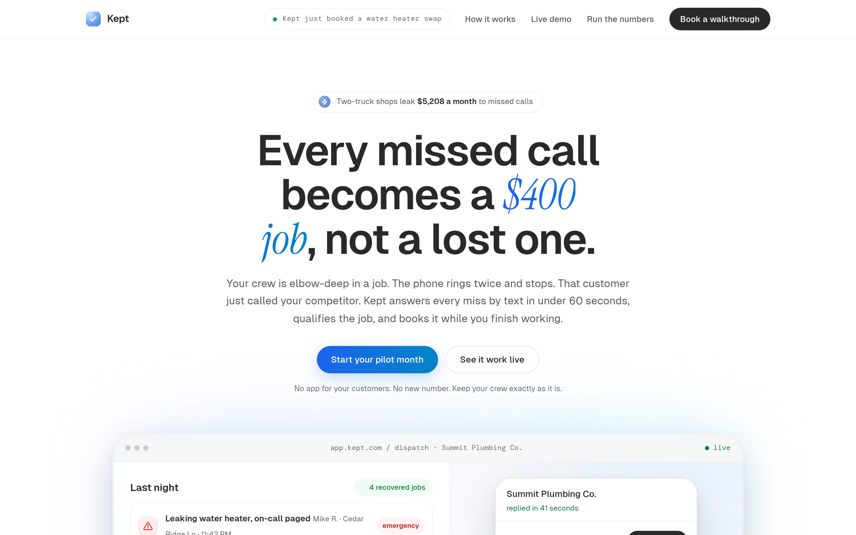 The Kept landing page: every missed call becomes a booked job, not a lost one.