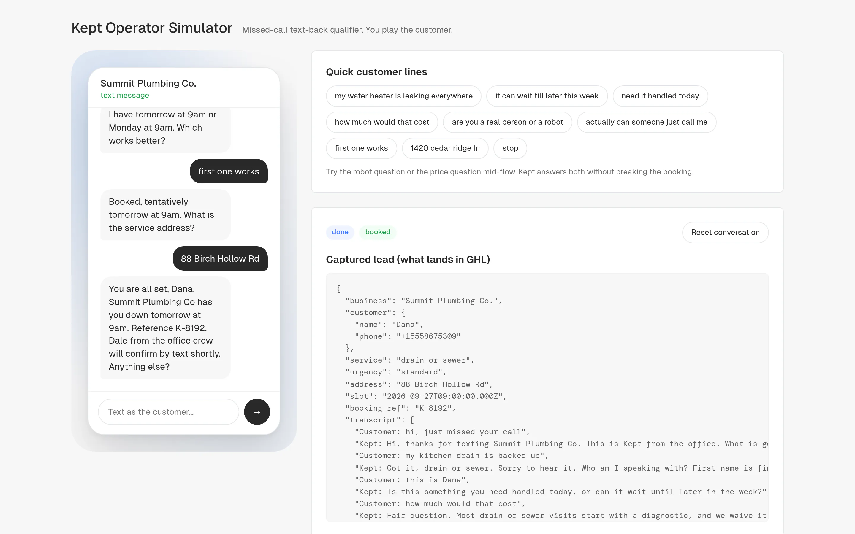 Kept operator simulator: a missed call becomes a text conversation that books a visit, with the captured lead beside it.
