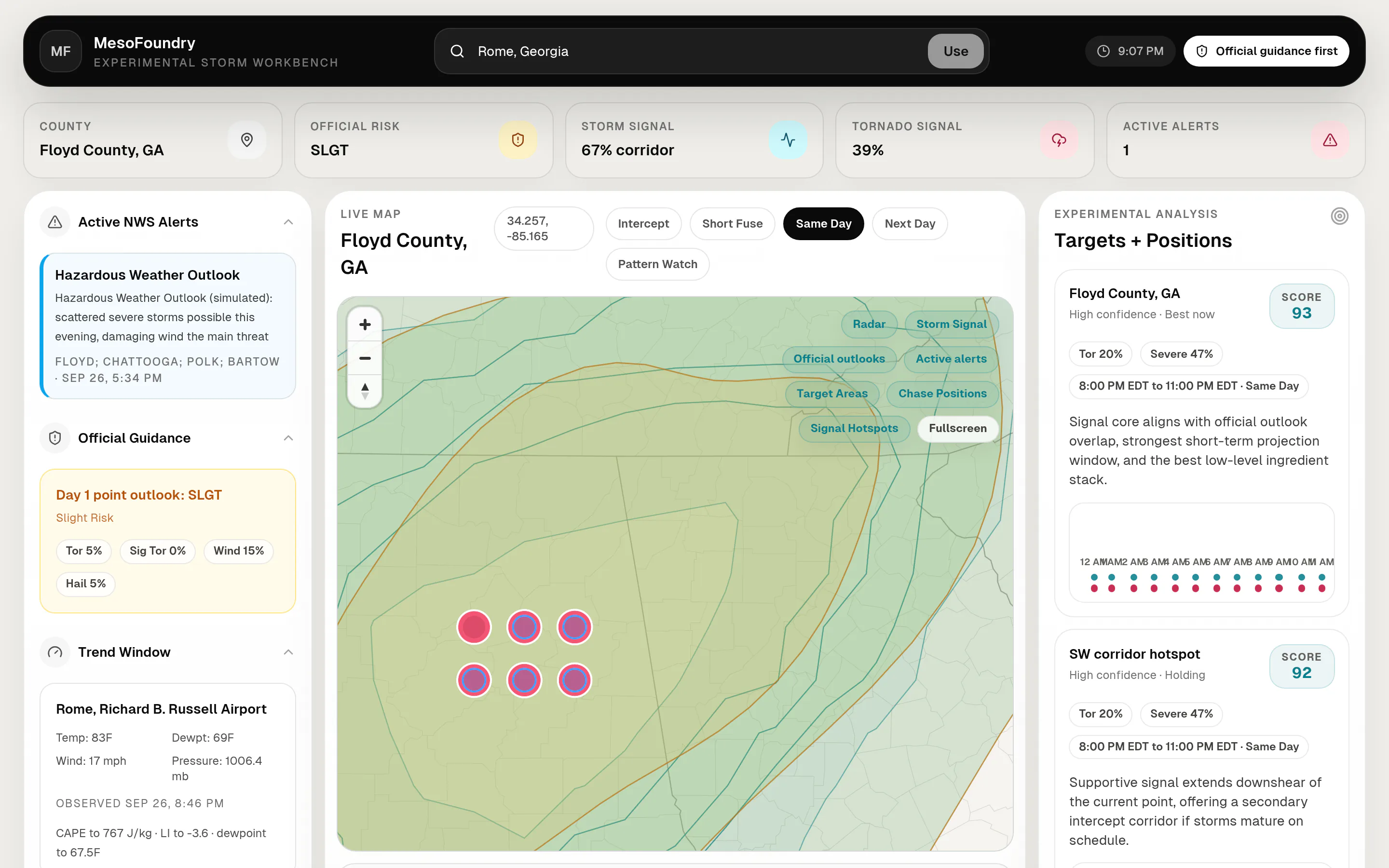 Mesofoundry storm workbench for Floyd County, Georgia: official alerts, a live map and experimental analysis side by side.