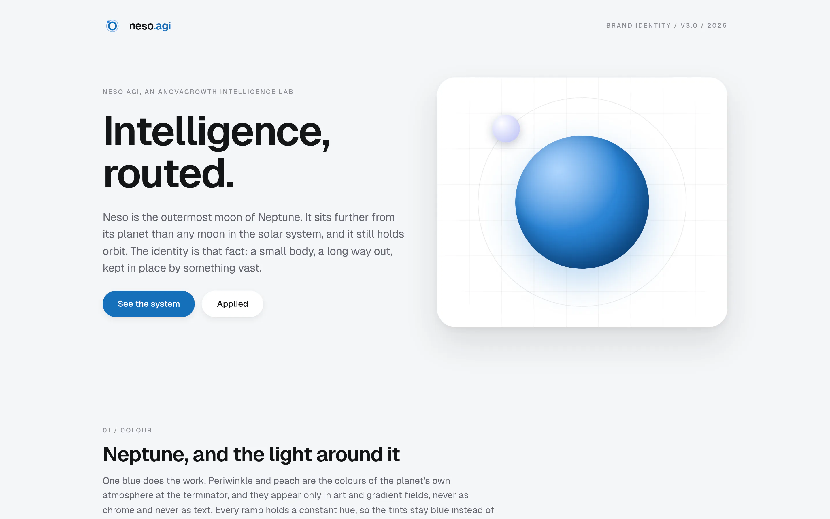 The Neso AGI identity: the line “Intelligence, routed.” beside a blue sphere, the lab’s mark.