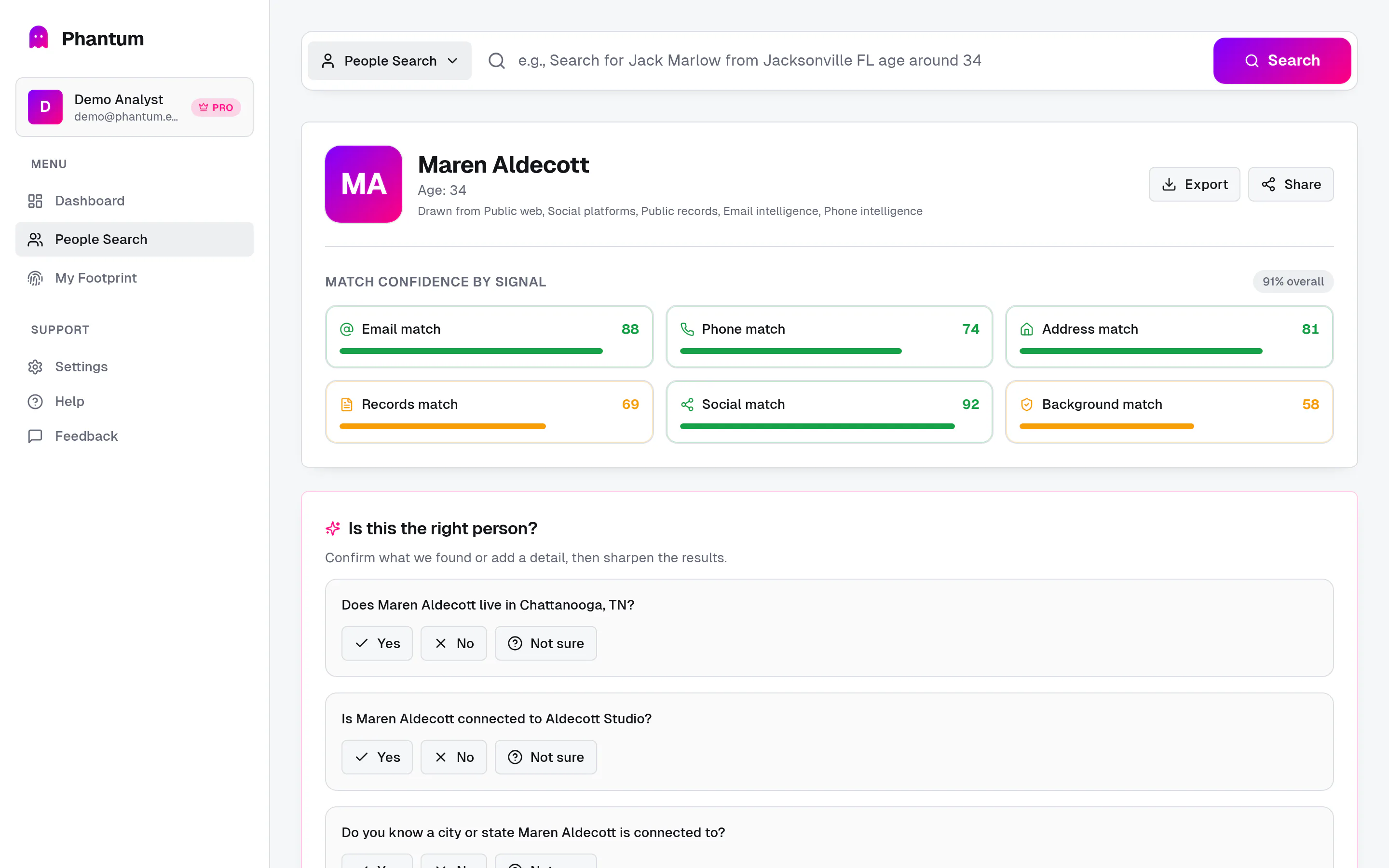 Phantum Search results for a fictional person, with match confidence shown for each signal and questions to confirm the match.