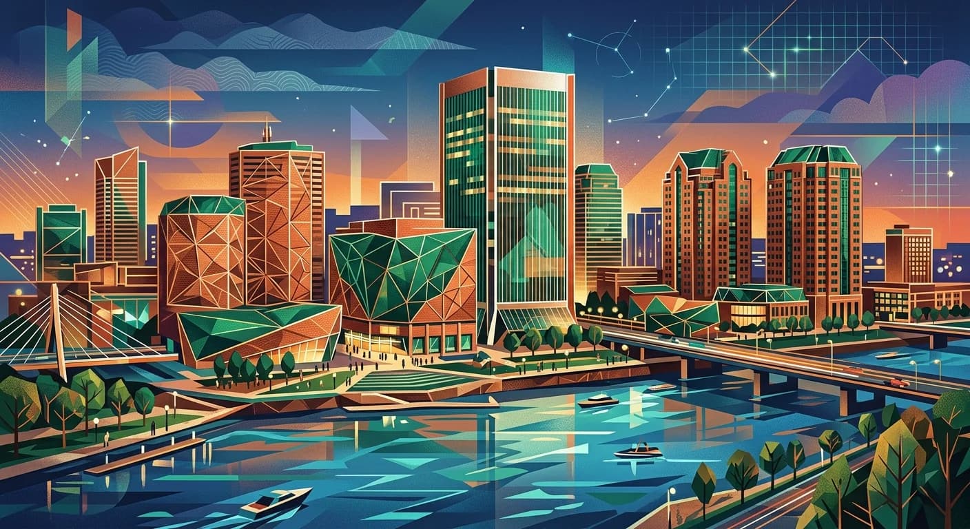 Richmond skyline and government workflow backdrop representing public-sector software, document routing, and local process modernization