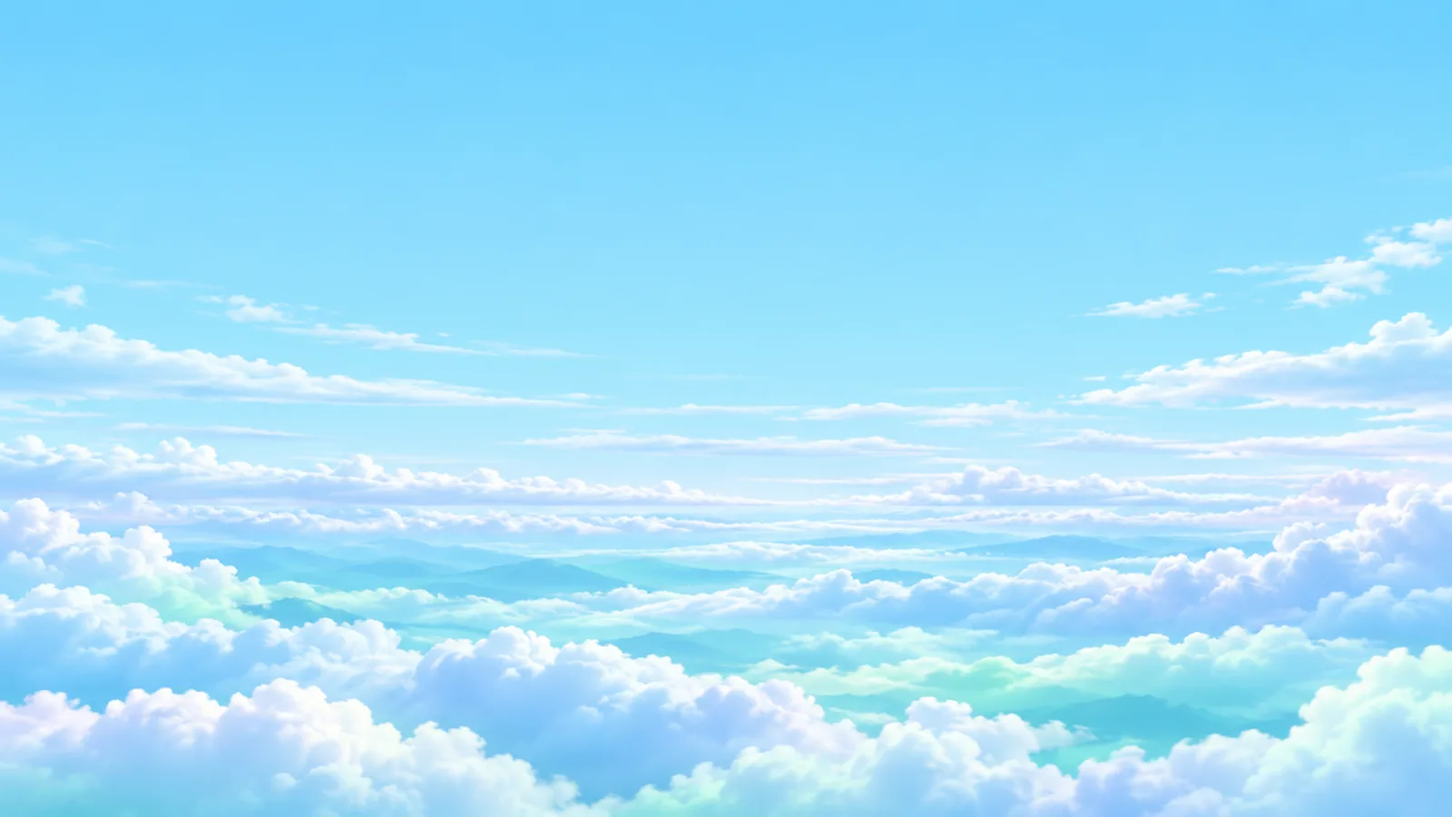 A pale cyan sky with long, soft, layered cloud bands stacked toward the horizon.