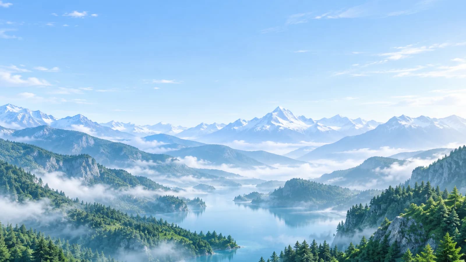 Misty blue-green mountains over a still lake in soft morning light.