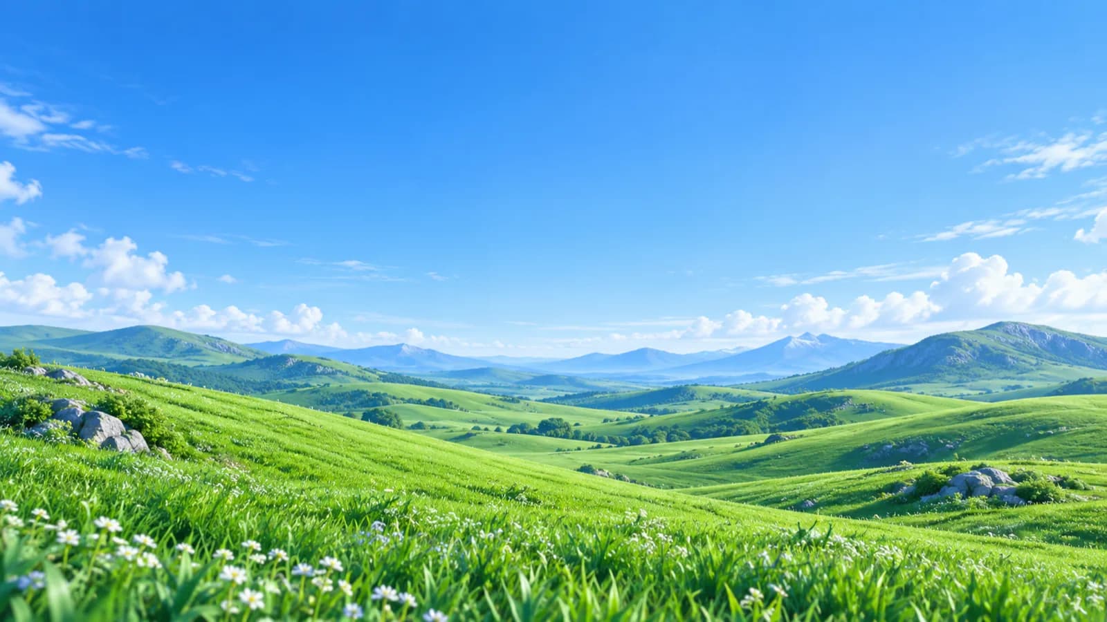 Vivid green rolling hills close up under a clear blue sky.