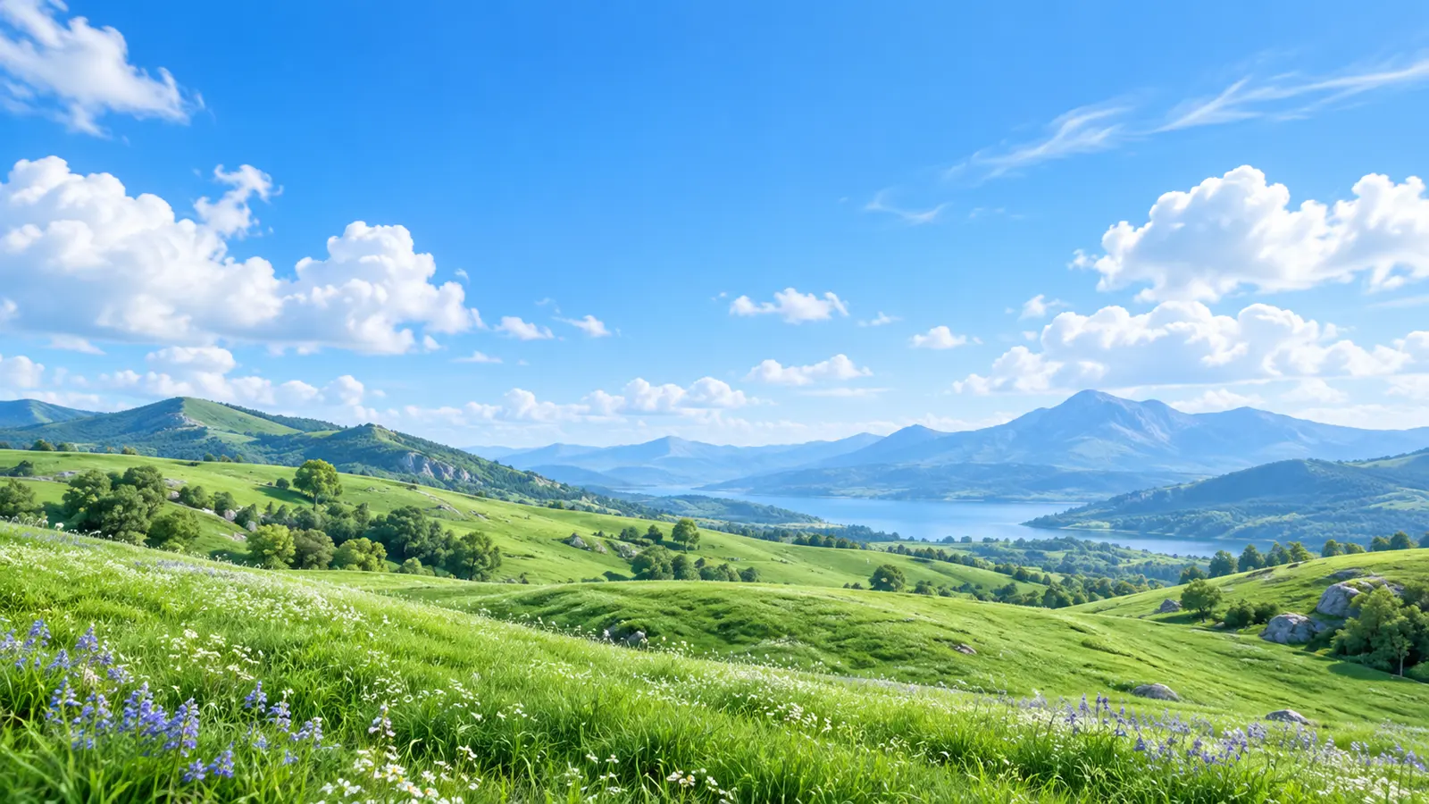 A fresh-green hillside meeting a clear bright blue sky with soft white clouds.