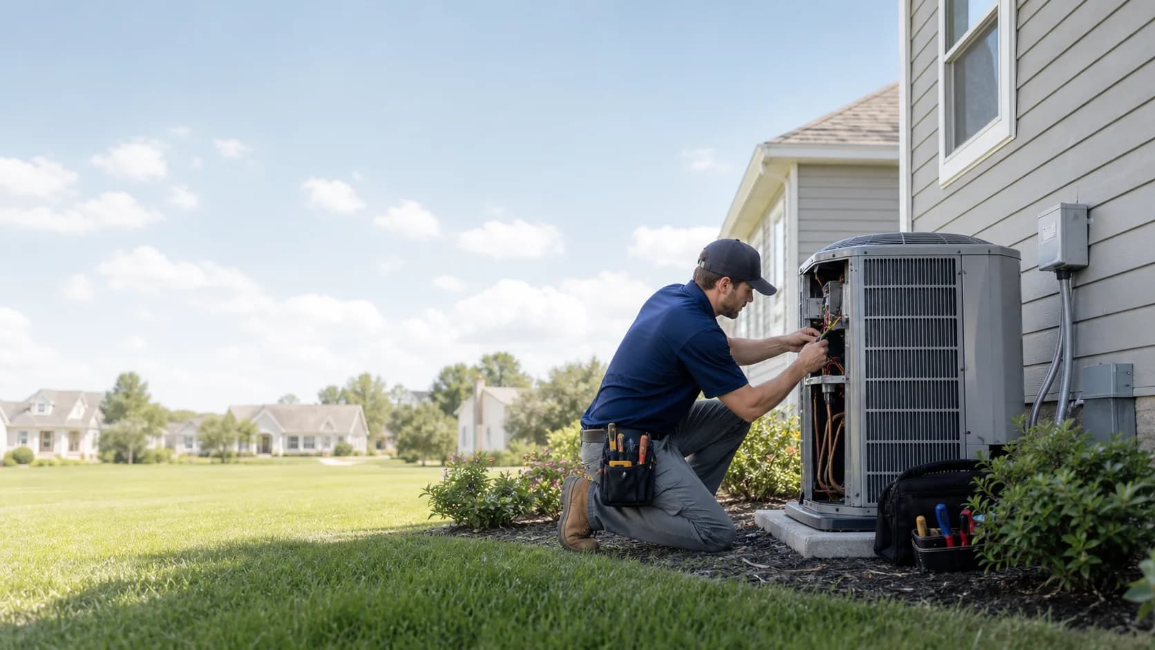 HVAC technician inspecting a residential outdoor system in natural daylight