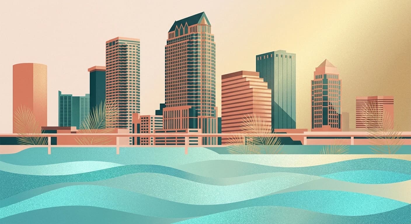 Illustration of the Tampa skyline above a stylized bay