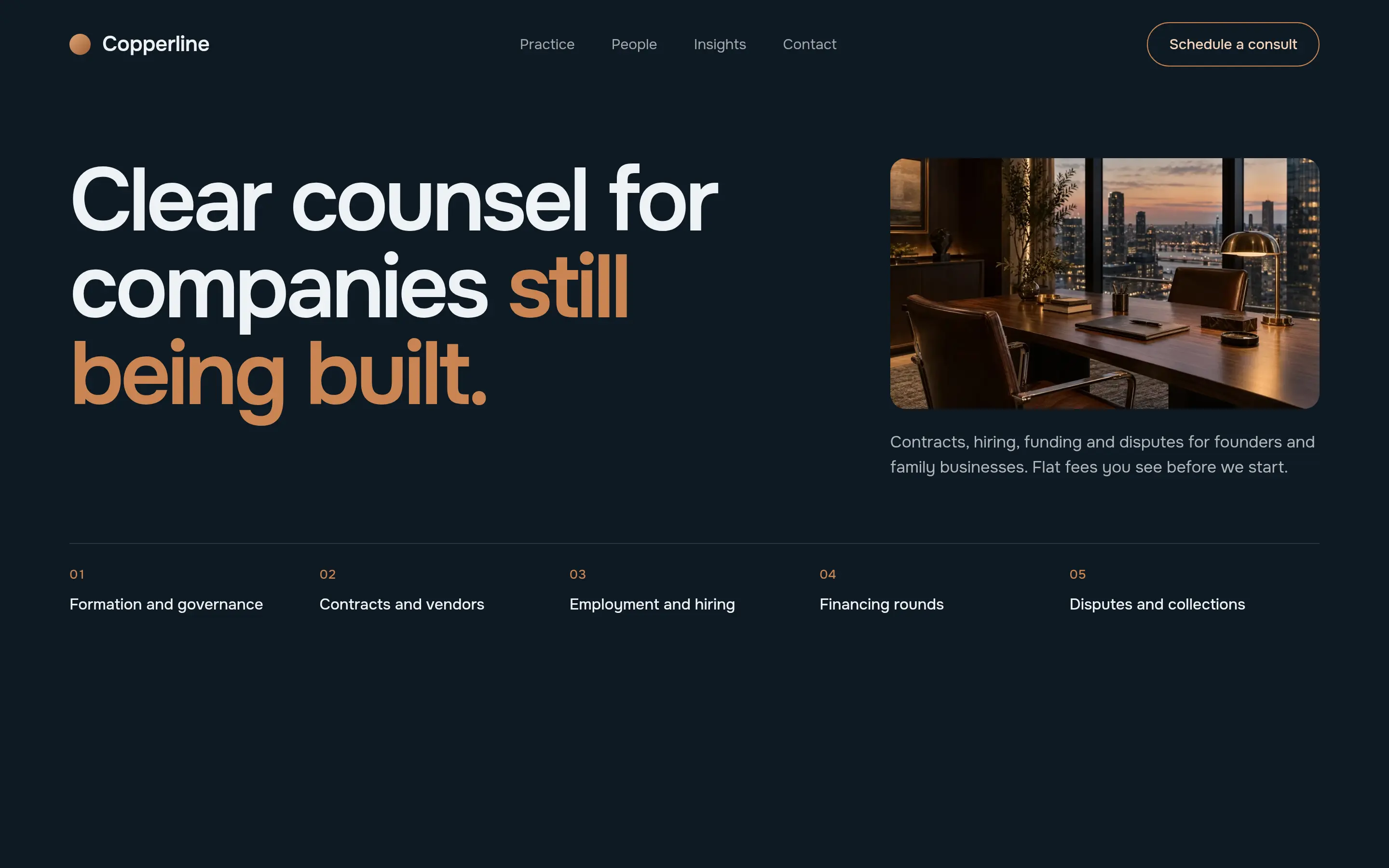 Copperline law firm website on deep navy with a copper headline accent and five numbered practice areas.