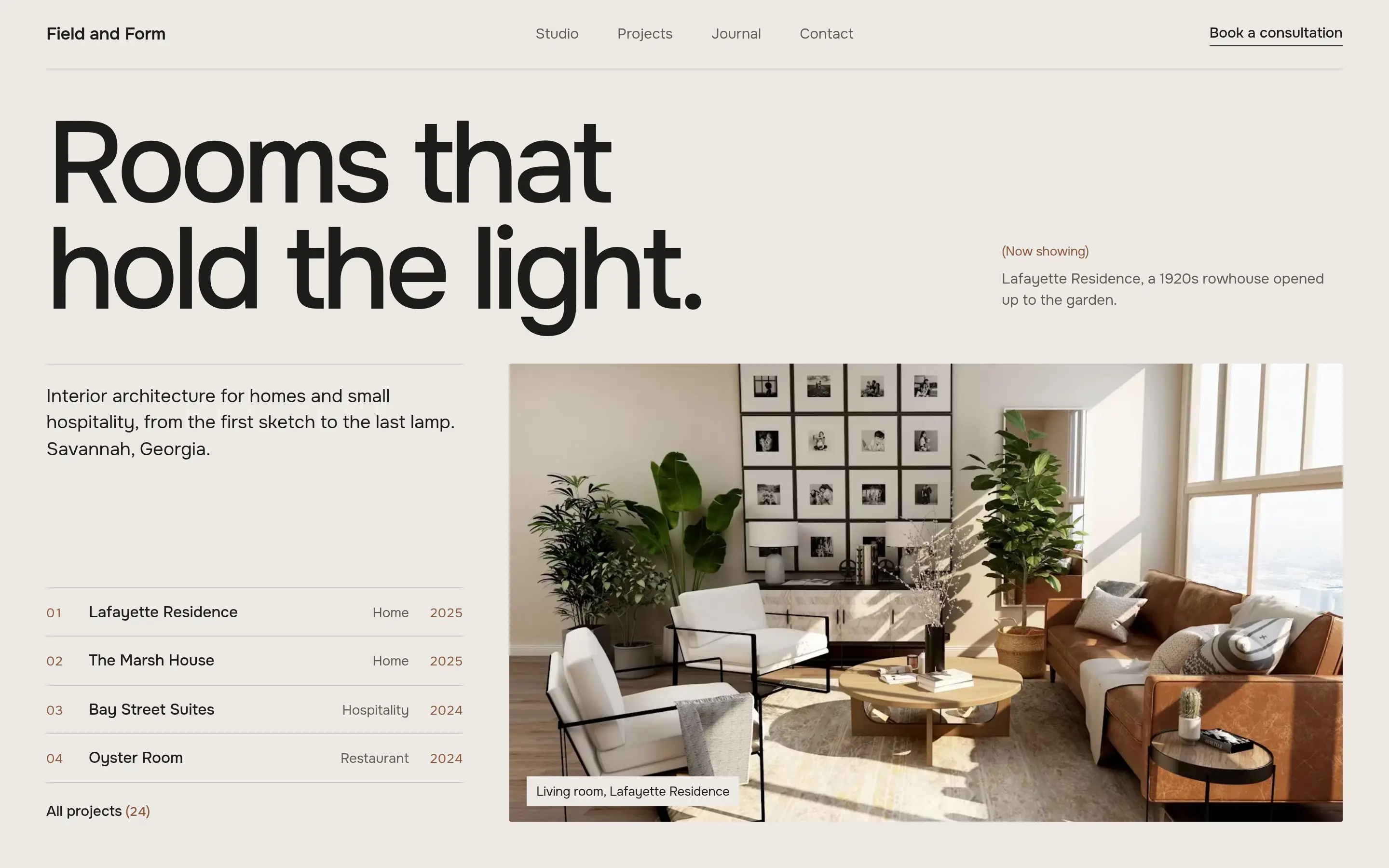 Field and Form studio website: a large headline, a numbered project list and a sunlit living room photo.